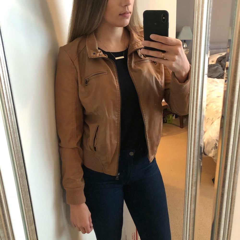 Camel/Tan Faux Leather Bomber Jacket